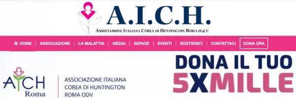Intestazione del sito di AICH Roma: logo dell'associazione, menu rosa con le voci principali e il banner «Dona il tuo 5xmille».