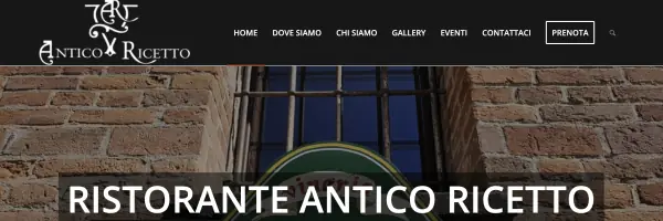 Intestazione del sito del Ristorante Antico Ricetto: logo, menu con le voci Home, Dove siamo, Chi siamo, Gallery, Eventi, Contattaci e Prenota, e il titolo sopra la foto della facciata in mattoni con l'insegna.