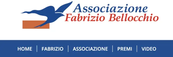 Intestazione del sito dell'Associazione Fabrizio Bellocchio: logo con un uccello in volo e menu blu con le voci Home, Fabrizio, Associazione, Premi e Video.