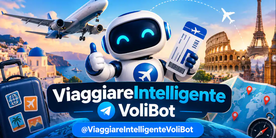 Illustrazione di ViaggiareIntelligente VoliBot: un robot sorridente con una carta d'imbarco, aerei e monumenti europei, e le scritte «ViaggiareIntelligente VoliBot» e «@ViaggiareIntelligenteVoliBot». Nell'immagine completa compaiono anche le voci: trova i migliori voli, offerte in tempo reale, alert personalizzati, viaggia più intelligente.